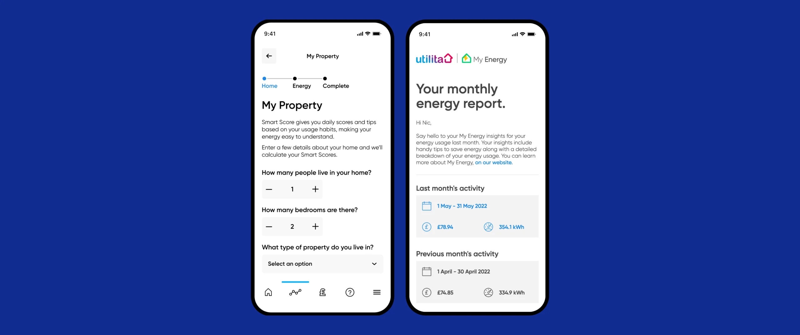 Mobile phone screen displaying 'My Energy,' a monthly report developed by Procode to track energy usage and