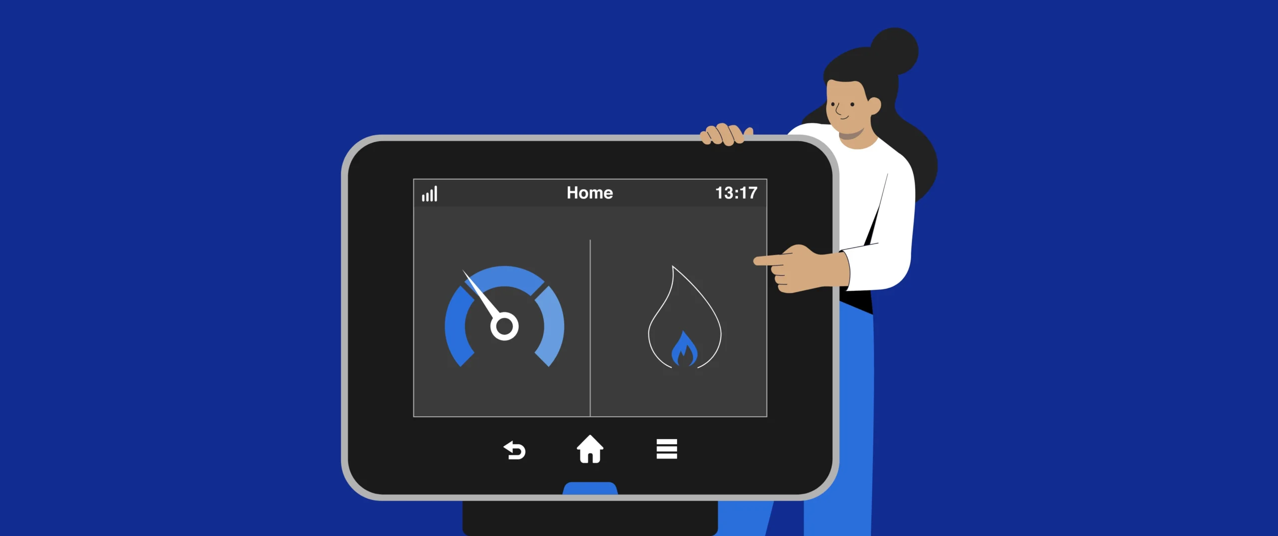 Illustration of a person beside an In-Home Display showing energy data insights for improving energy efficiency.