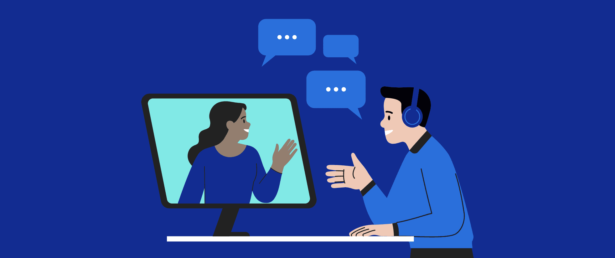 Illustration of a Procode team member communicating honestly with someone on a computer screen, reflecting Procode's emphasis on quality.