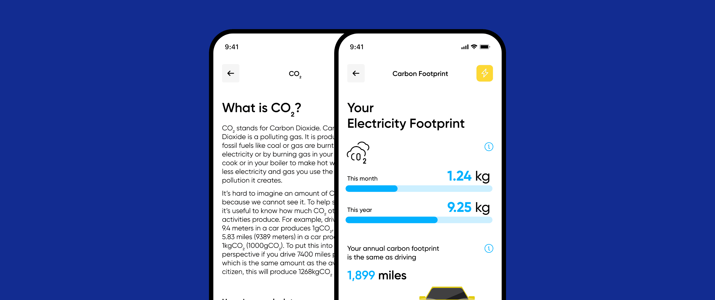 Mobile phone screen featuring the Carbon Footprint tracker, a Procode-developed tool in the My Utilita app to track CO2 emissions.
