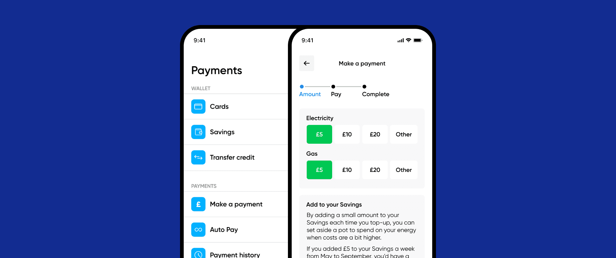Mobile phone screen displaying energy payment options in the My Utilita app, developed by the Procode team.