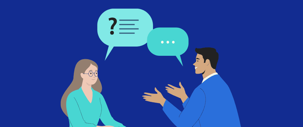 Illustration of two Procode team members engaged in a Q&A discussion about the DCC Adapter.