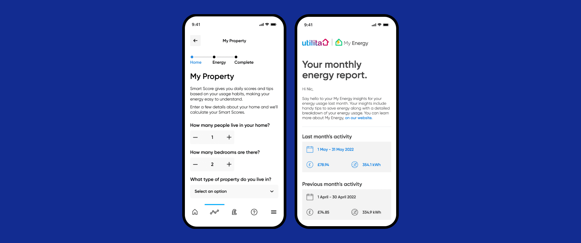 Mobile phone screen displaying 'My Energy,' a monthly report developed by Procode to track energy usage and costs.