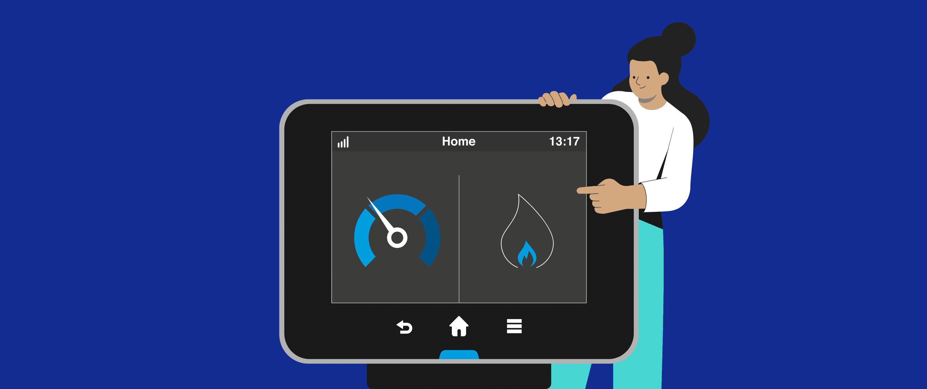 Illustration of a person beside an In-Home Display showing energy data insights for improving energy efficiency.